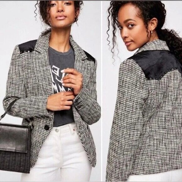 Free People Rodeo Houndstooth Blazer Velour Trim‎ Studded Single Button Size XS - Picture 1 of 14